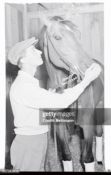 Jockey Eddie Arcaro is shown petting Devil Diver, Greentree Stable's entry in the Kentucky Derby. Arcaro is confident that Diver is good enough to...