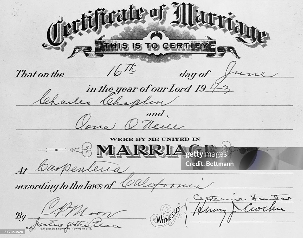 Marriage Certificate of Charlie Chaplin and Oona O'Neill