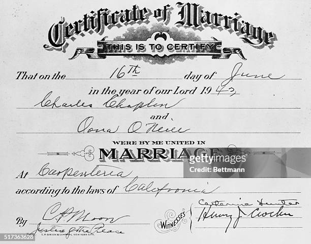To Whom It May Concern. Carpinteria, California: This is the marriage certificate of 54 year old movie funnyman Charles Chaplin and 18 year old Oona...