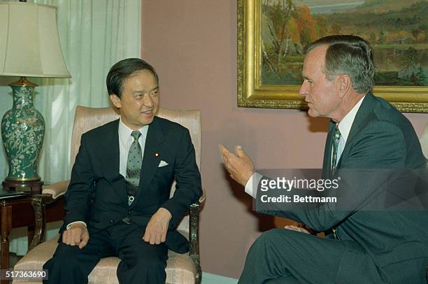 Houston: President George Bush and Japan's Prime Minister Toshiki Kaifu are shown at the beginning of their meeting at the Houstonian Hotel in...