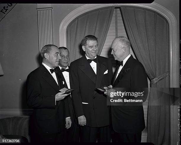 General Dwight D. Eisenhower presents to Richard Rodgers and Oscar Hammerstein the Gold Medal of the One Hundred Year Association at its annual...