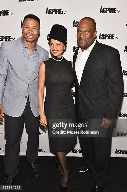 Actor Karon Riley, Actress Victoria Rowell, and Actor Gregory Alan Williams attend the Premiere Screening Of The Aspire Original "Magic In The...