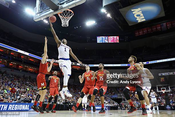 Wayne Selden Jr. #1 of the Kansas Jayhawks shoots the ball in the first half against the Maryland Terrapins during the 2016 NCAA Men's Basketball...