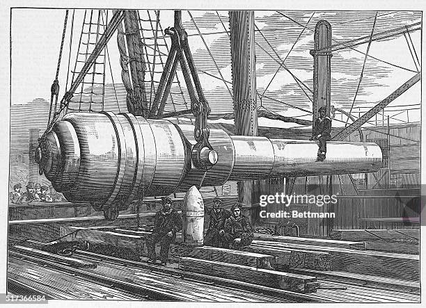 Shipment of the 100-ton gun at the Elswick Ironworks, Newcastle-on-Tyne. Woodcut 1876, from the Illustrated London News.