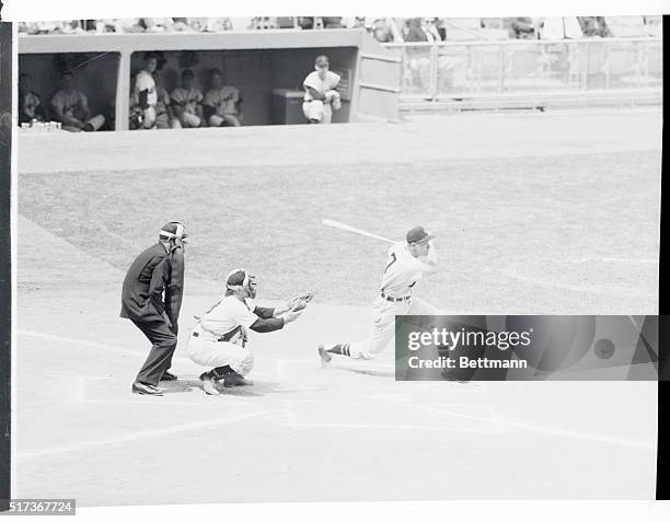 Shown here is Harvey Kuenn of the Detroit Tigers as he flies out during a game against the New York Yankees in the first inning.