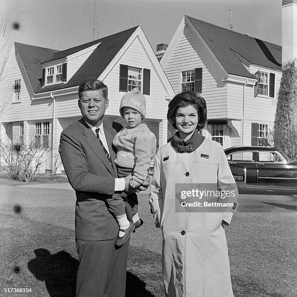 View of John F Kennedy and Jacqueline Kennedy, with their daughter Caroline, on election day, Hyannis Port, Massachusetts, November 8, 1960. On the...