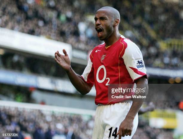 Thierry Henry celebrates a goal during the Barclays Premiership match between Tottenham Hotspur and Arsenal at White Hart Lane on November 13, 2004...