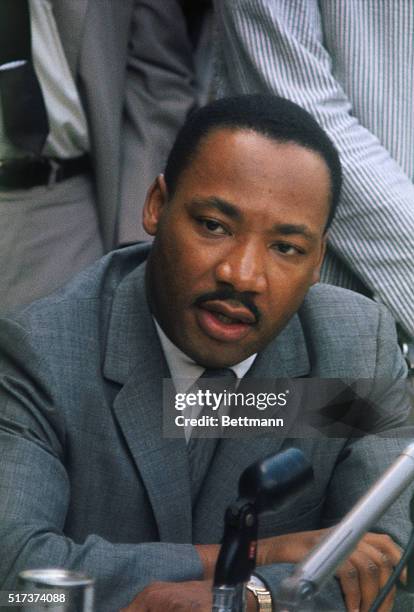 Birmingham, Alabama: Rev. Martin Luther King, Jr. Is shown at a news conference here in which he said that negotiations to end Birmingham's racial...