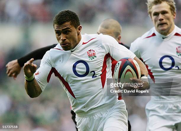England Captain, Jason Robinson powers through the Canadian defence during the match between England and Canada at Twickenham on November 13, 2004 in...