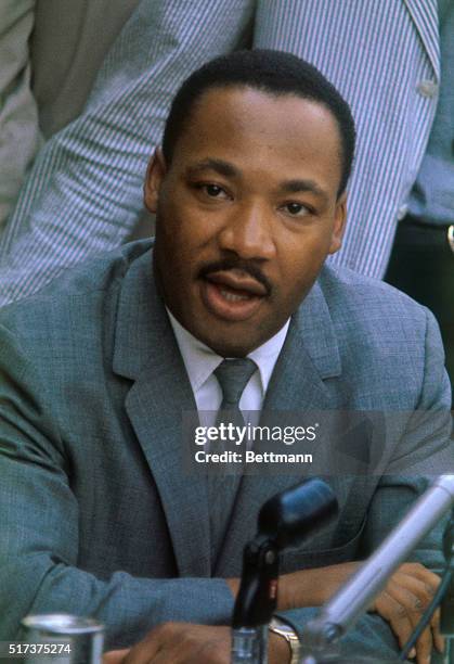 Birmingham, Alabama: Rev. Martin Luther King, Jr. Is shown at a news conference here in which he said that negotiations to end Birmingham's racial...