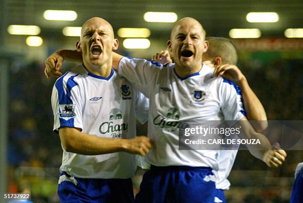 Everton's Thomas Gravesen celebrates with teammate Lee Carsley his first goal of the match to make it 1-0 to Everton against Birmingham City in a...