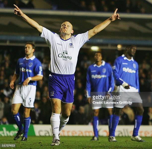 Thomas Gravesen of Everton celebrates after his goal from the penalty spot during the FA Barclays Premiership match between Birmingham City and...