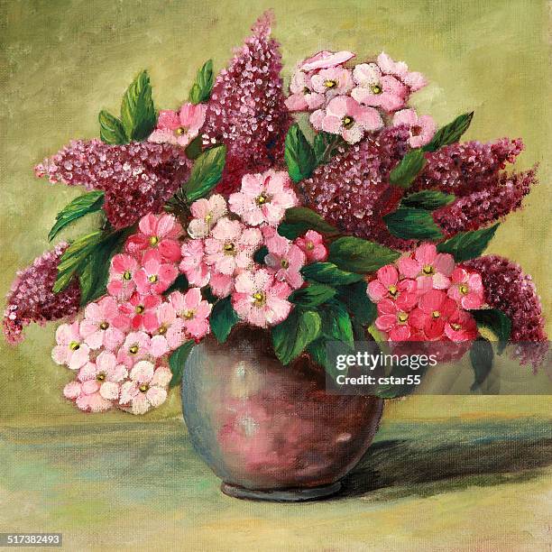 original art painting of lilacs and phlox in vase - oil painting flowers stock illustrations