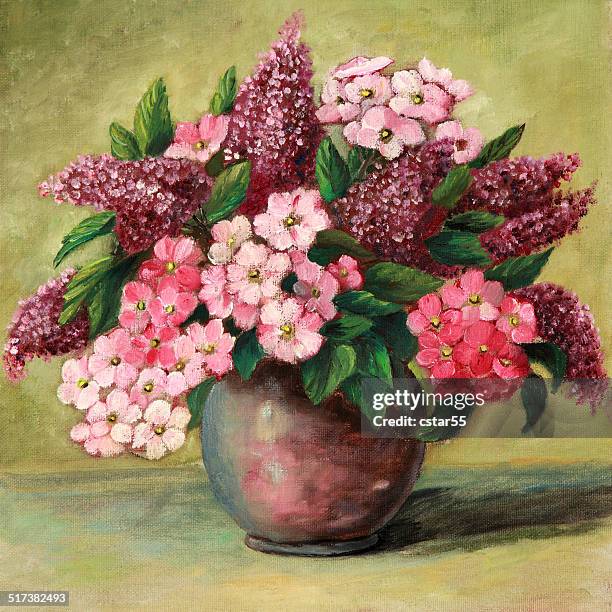 original art painting of lilacs and phlox in vase - oil painting stock illustrations