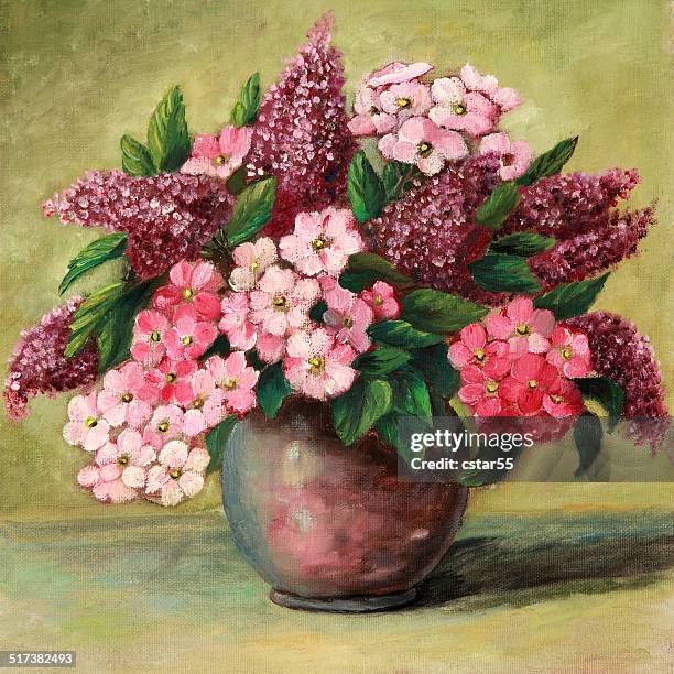 original art painting of lilacs and phlox in vase - still life stock illustrations