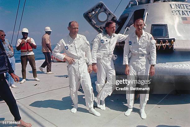 Space Center, Houston: Apollo 11 astronauts : Buzz Aldrin, Lunar Module Pilot; Neil Armstrong, Lunar Module Cmdr.; and Michael Collins, Command...