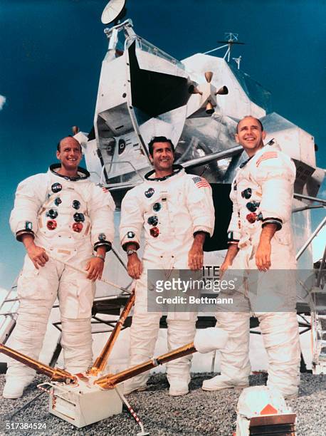 The crew of the Apollo 12, second manned lunar landing mission planned by the U.S., poses in a recent photo released at the Manned Spacecraft Center...
