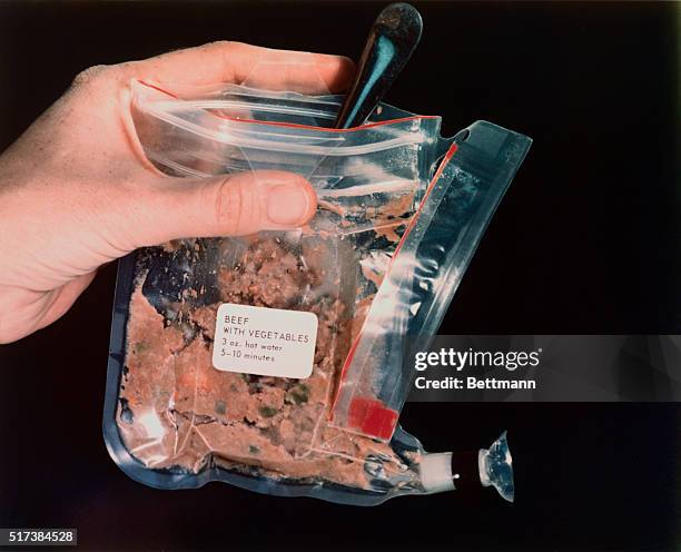 Closeup view of sample of space food scheduled to be carried on Apollo 11 lunar landing mission. The package contains beef with vegetables. This food...