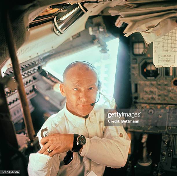 Space Center, Houston: Apollo 11 astronaut Buzz Aldrin, Lunar Module Pilot, shown inside capsule during moon trip.