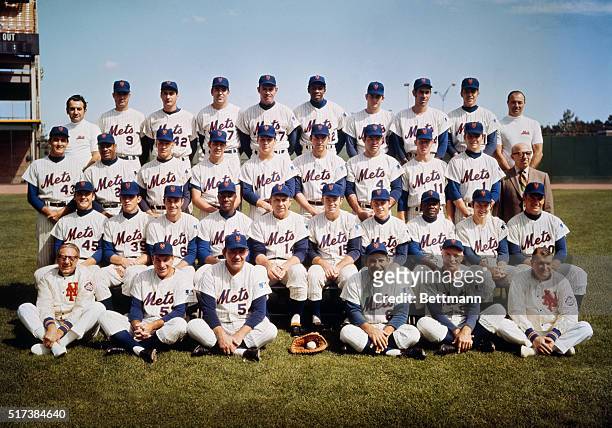 New York Mets Team Picture. Front row - Trainer Gus Mauch, coach joe Pignatano, Coach Rube Walker, Coach Yogi Berra, coach Eddie yost, Assistant Joe...