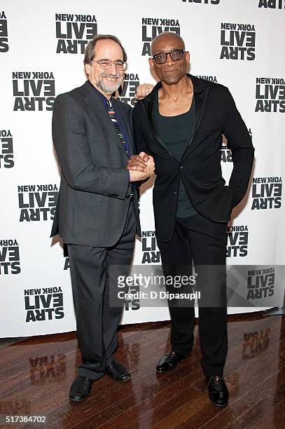 Honoree Lawrence Weschler and Bill T. Jones attend the New York Live Arts 2016 Gala at the Museum of Jewish Heritage on March 24, 2016 in New York...