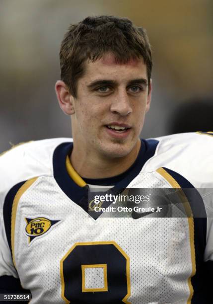 Quarterback Aaron Rodgers of the California Golden Bears smiles on the sidelines near the end of the game against the Washington Huskies on November...