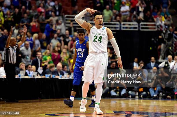 Dillon Brooks of the Oregon Ducks reacts late in the second half against the Duke Blue Devils n the 2016 NCAA Men's Basketball Tournament West...