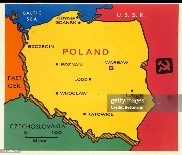 Map of Poland with the capital, Warsaw, and major cities and bordering countries shown, including East Germany, Czechoslovakia, USSR and the Baltic...