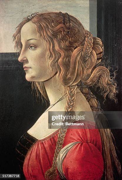 SANDRO BOTTICELLI 1444-1510. PORTRAIT OF SIMONETTA VESPUCCI. YOUNG GIRL WITH ELABORATE TRESSES. PAINTING.