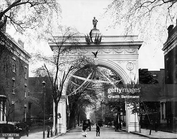 Decorative arch monument in the Washington Square area of New York, New York, ca. 1890.
