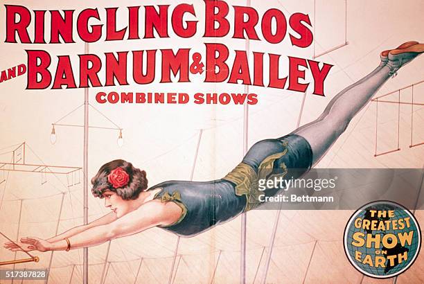 Colored circus poster for Ringling Brothers - Barnum and Bailey. Photo shows blue garbed aerialist, undated.
