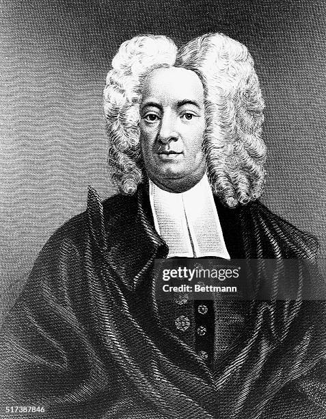 An engraved portrait of Cotton Mather , a Boston Congregationalist minister and writer whose writings include a commentary on the witchcraft trials...