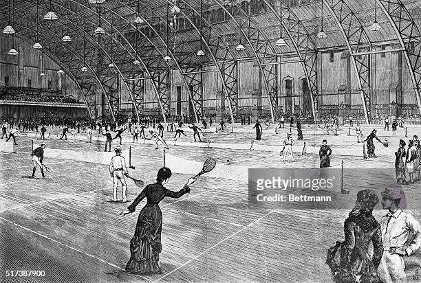 Indoor lawn tennis at the seventh regiment armory, New York, 1881. Woodcut, drawn by W ST John Harper and C. D. Weldon. Undated. BPA2# 4724