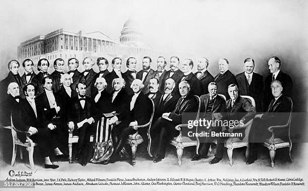 All the presidents, ranging from George Washington until Franklin D. Roosevelt, gather together for a portrait in front of the White House. A...