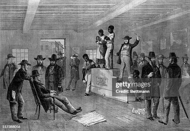 Auction sale for Black slave family in Charleston while perspective buyers look on smoking cigars, engraving, 1861.