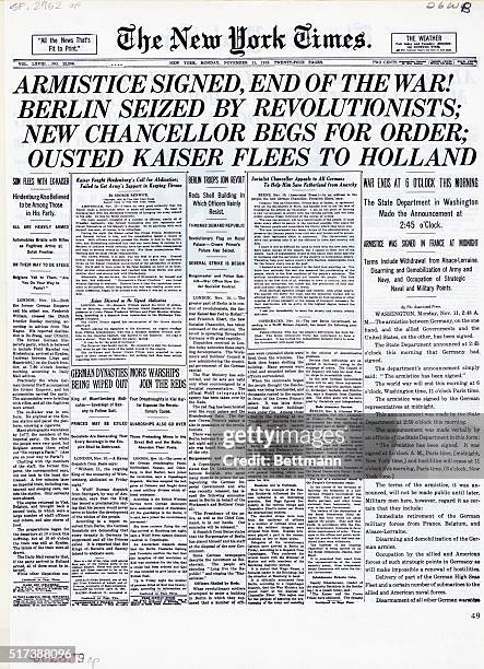 Front page of The New York Times, November 11, 1918: ..."End of the War!".