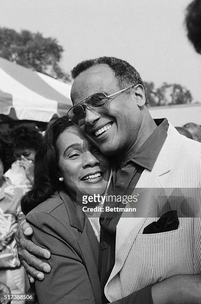 Washington, D.C.: Coretta Scott King gets a hug from Harry Belafonte 8/27 during the 20th Anniversary of the Martin Luther King, Jr. March on...