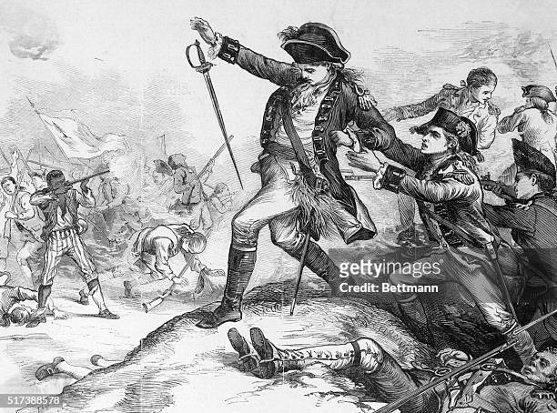 Engraving depicting the shooting of Major Pitcairn by the African-American soldier Peter Salem at the Battle of Bunker Hill during the Revolutionary...