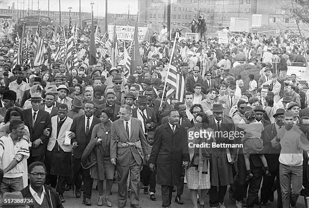 Montgomery, AL: Dr. Martin Luther King leads thousands of civil rights demonstrators out on the last leg of their Selma to Montgomery 50-mile hike....