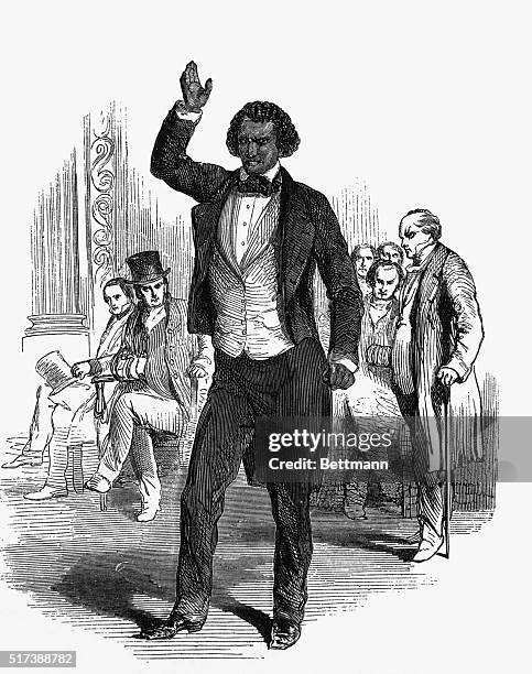 Frederick Douglas addressing an English audience during his visit to London in 1846. He also pleaded for Irish Home Rule. Undated engraving.