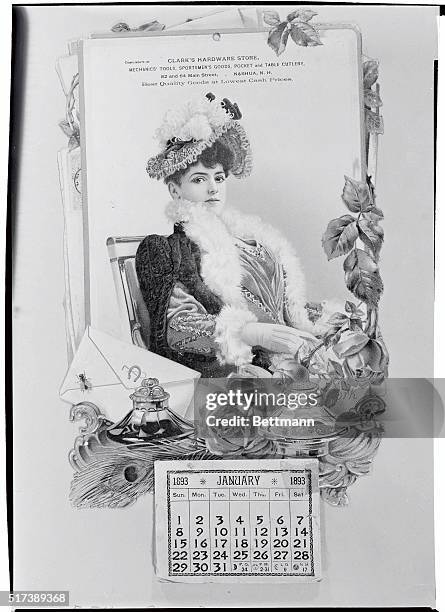 Advertising calendar for the year 1893, with an illustionistic illustration combining roses, stationery, letter-writing accoutrements, and a portrait...