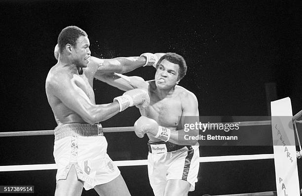 Heavyweight champion Larry Holmes and Muhammad Ali exchange blows during their world heavyweight title match on October 2 at Caesars Palace in Las...