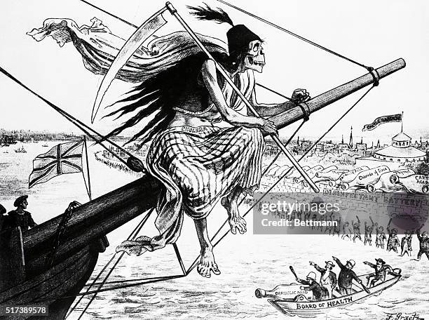 Cartoon entitled "The Kind of 'Assisted Emigrant' We Can Not Afford to Admit," depicting the grim reaper arriving on a British ship, draped with a...