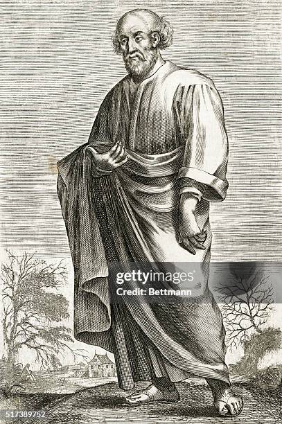 Portrait of Epicurus , Greek philosopher. Undated full length engraving.