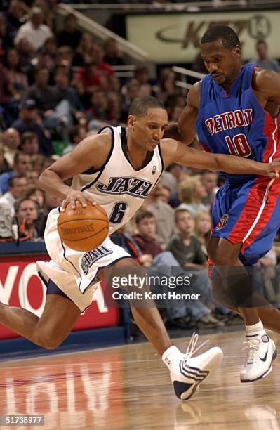 Howard Eisley of the Utah Jazz dribbles against the Detroit Pistons on November 13, 2004 at the Delta Center in Salt Lake City, Utah. The Jazz won...
