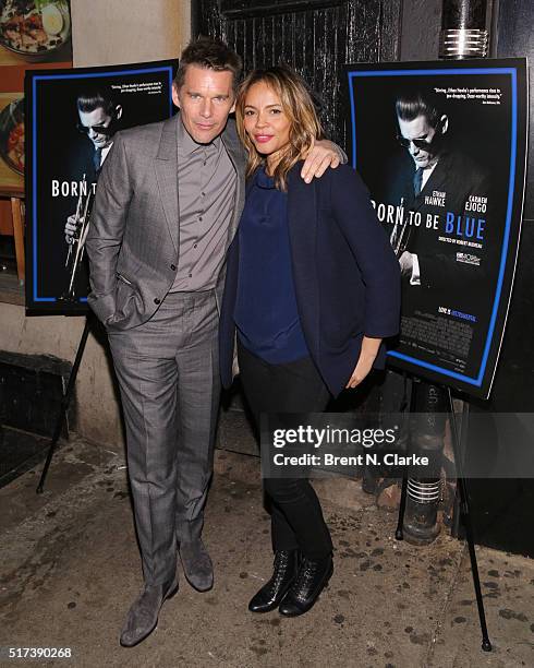 Actors Ethan Hawke and Carmen Ejogo attend the New York screening of "Born To Be Blue" at the Blue Note Jazz Club on March 24, 2016 in New York City.