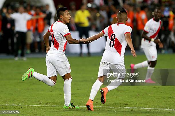 Raul Ruidiaz of Peru celebrates the second goal of his team during a match between Peru and Venezuela as part of FIFA 2018 World Cup Qualifiers at...