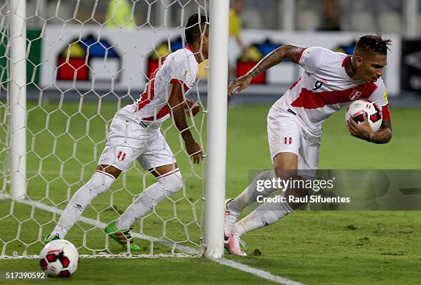 Paolo Guerrero of Peru reacts after scoring the first goal of his team during a match between Peru and Venezuela as part of FIFA 2018 World Cup...