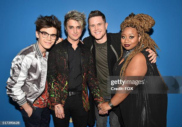 Top 4 contestants MacKenzie Bourg, Dalton Rapattoni, Trent Harmon and La'Porsha Renae backstage at FOX's American Idol Season 15 on March 24, 2016 in...