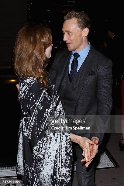 Actors Wrenn Schmidt and Tom Hiddleston attend The Cinema Society with Hestia & St-Germain host a screening of Sony Pictures Classics' "I Saw the...